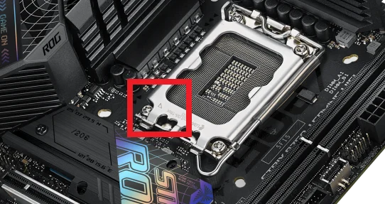 Orientation marker on the ASUS ROG Strix B760 Gaming mainboard's CPU socket