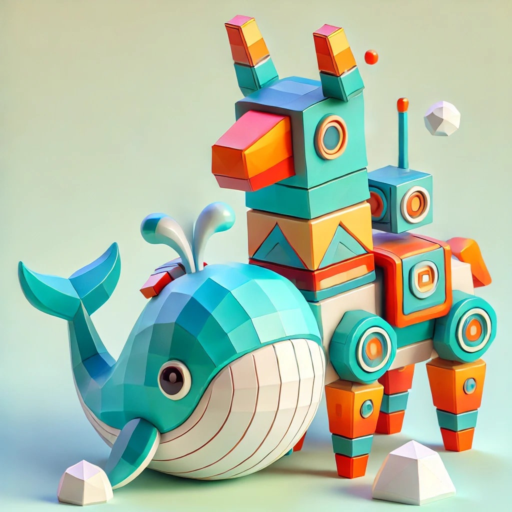 Colorful and low poly 3d lama hugging the docker whale