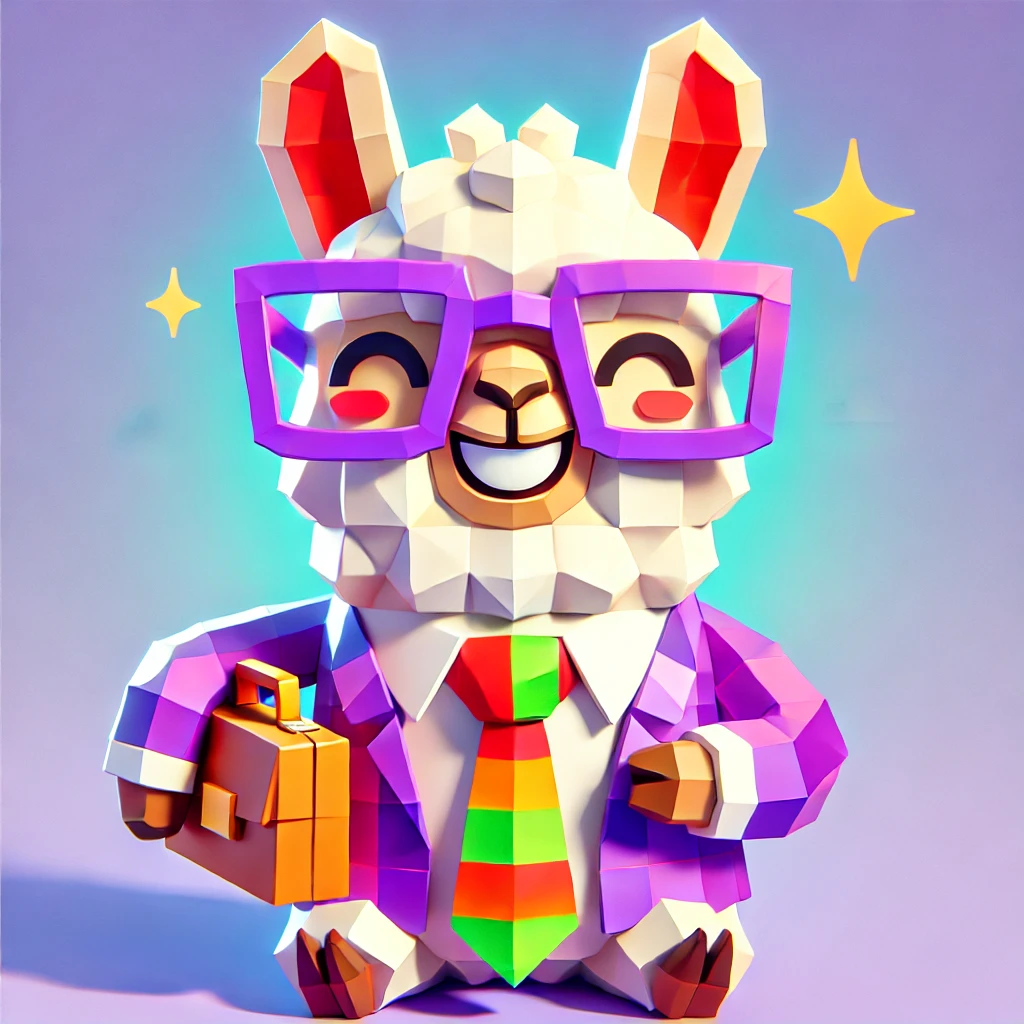 Very happy colorful low poly 3d lama with a suit case and huge glasses leaving for a job interview