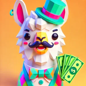 Cheerful Lama with a Tuxedo and a cute top hat counting its money