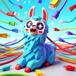 Cheerful, colorful lama getting excited bythe man possibilities of connecting docker containers.